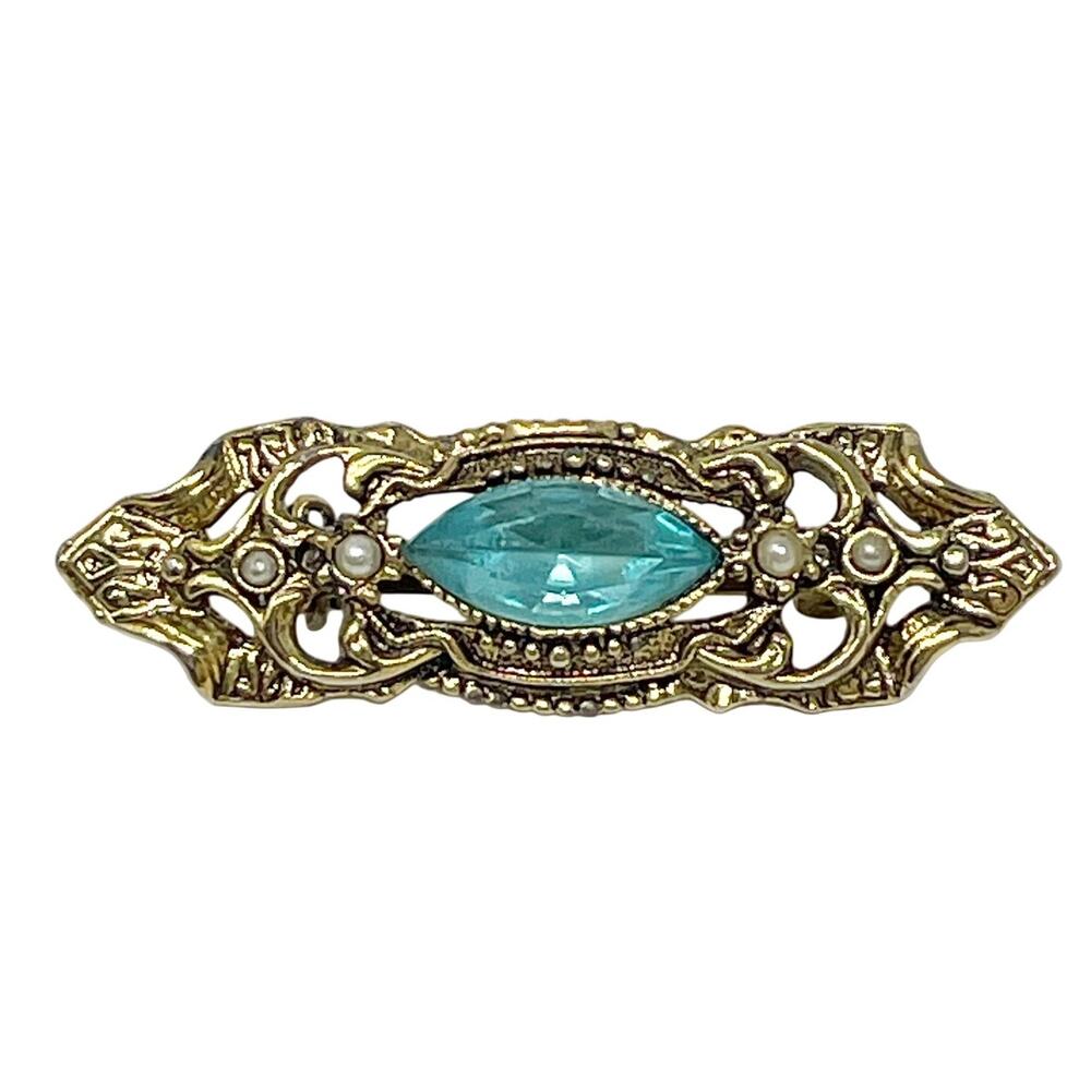 Vintage Gold Tone Ornate Brooch Pin Aqua Blue Glass Jewel Small Faux Pearls